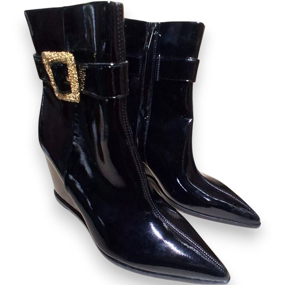 Sam Edelman Weslie Black Patent Wedge Ankle Boots Gold Buckle Womens 7.5